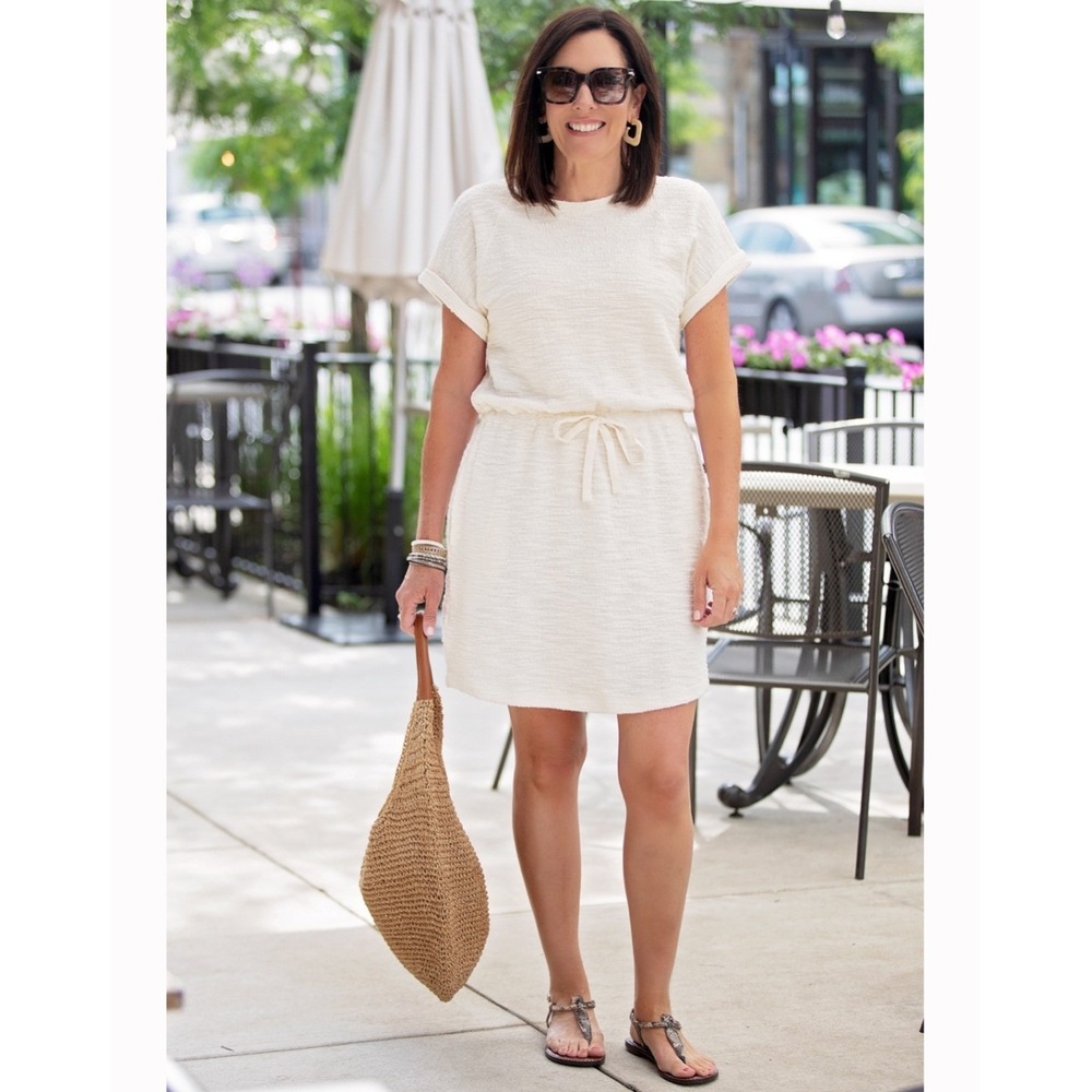 Lou & Grey for LOFT Cream Textured Knit Drawstring Waist Pocket Mini Dress‎ L